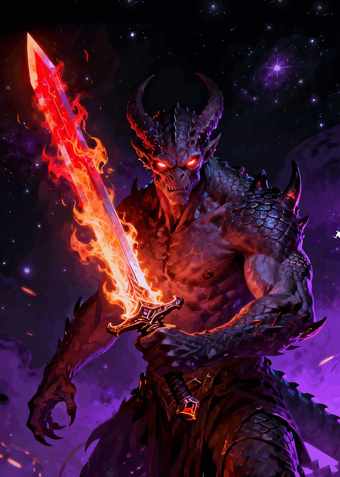 Fiery Demon Warrior with Glowing Sword