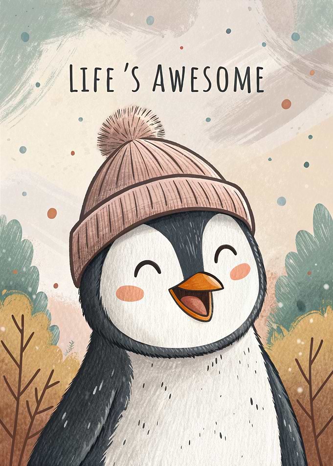 Cute Penguin with 'Life's Awesome' Text