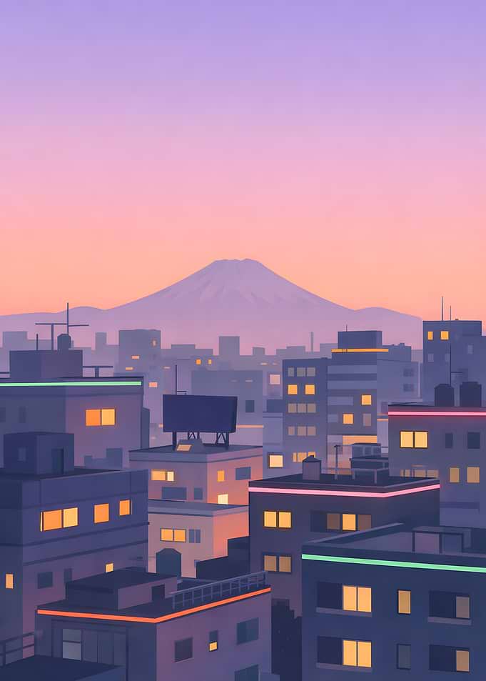Cityscape with Mount Fuji at Sunset