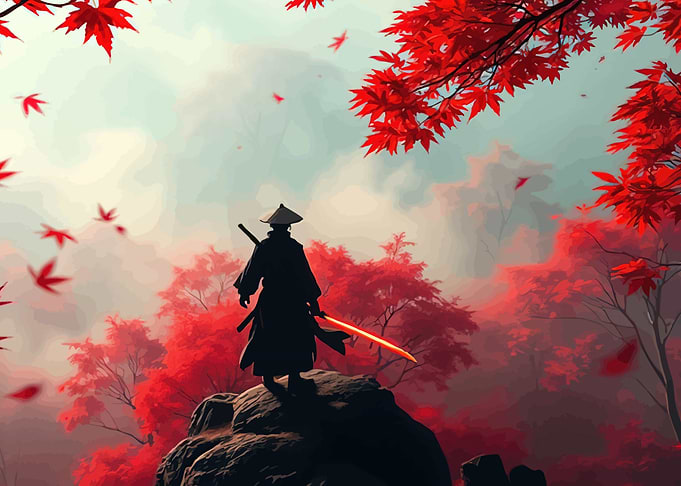 Samurai with glowing sword in autumn forest