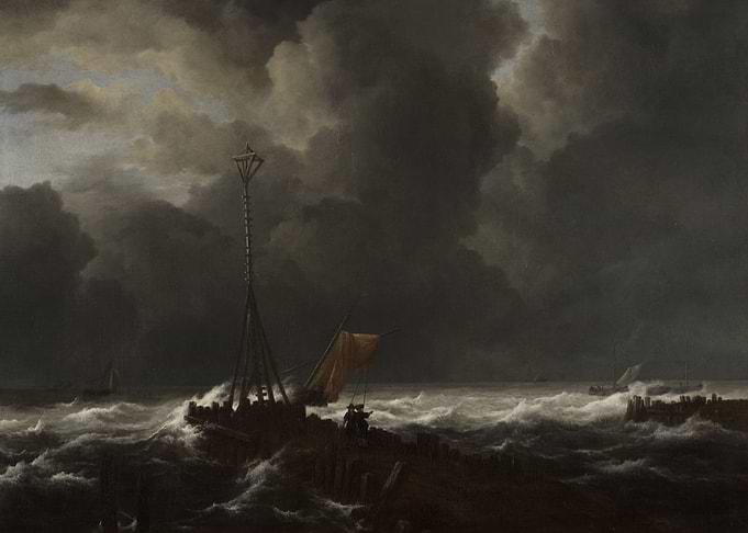 Stormy Seas with Lighthouse and Ships