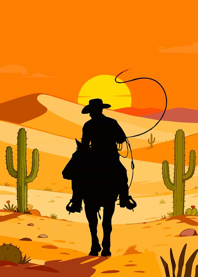 Cowboy riding a horse at sunset