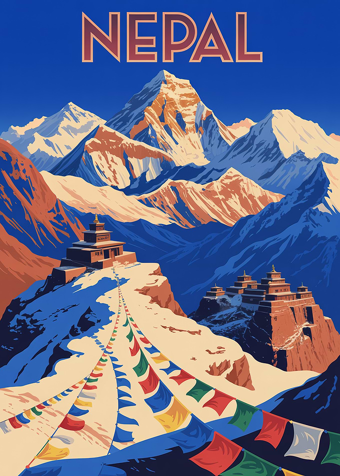 Nepal Mountain Landscape with Prayer Flags
