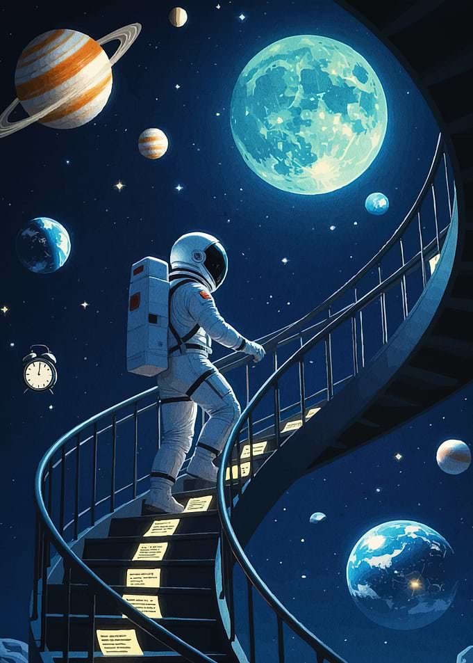 Astronaut climbing stairs in space