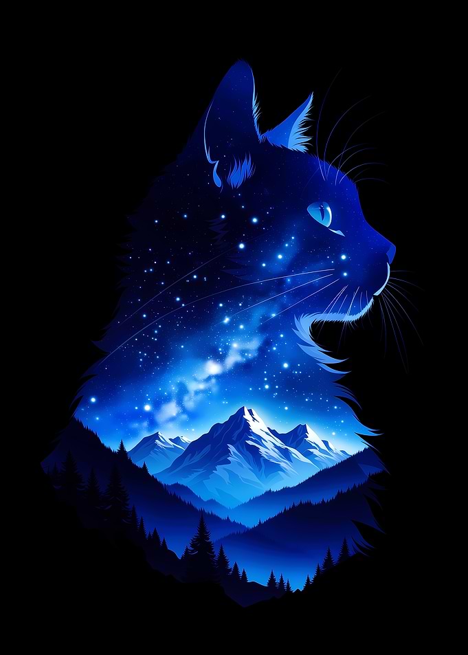 Cosmic Cat Silhouette Over Mountains