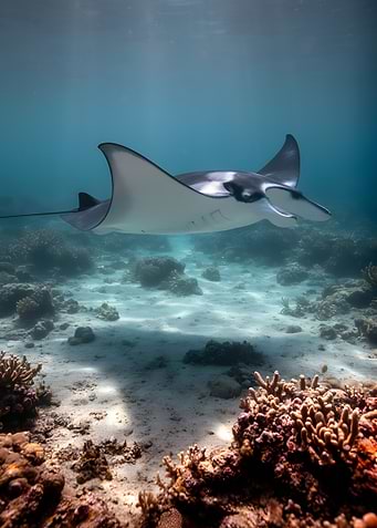 Manta Ray Swimming Over Coral Reef