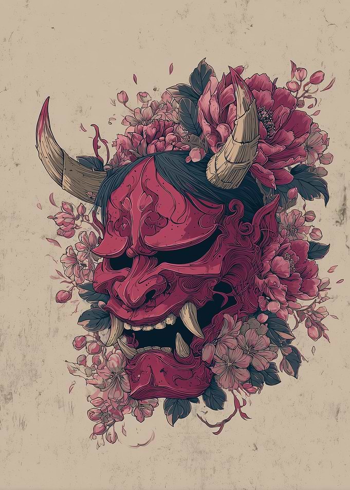 Japanese Oni Mask with Flowers
