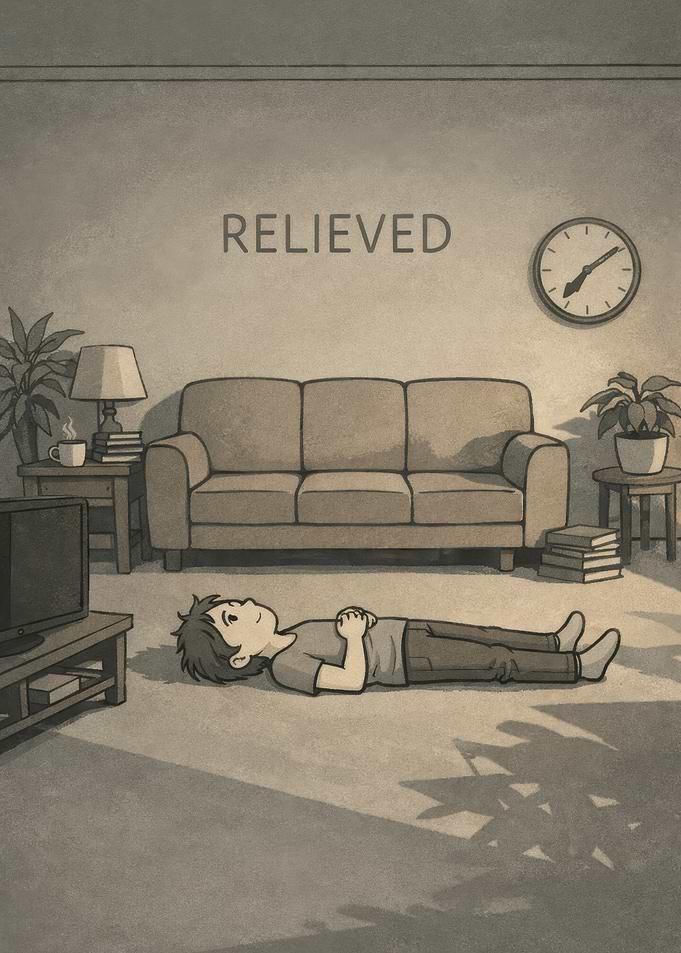 Relieved person lying on floor