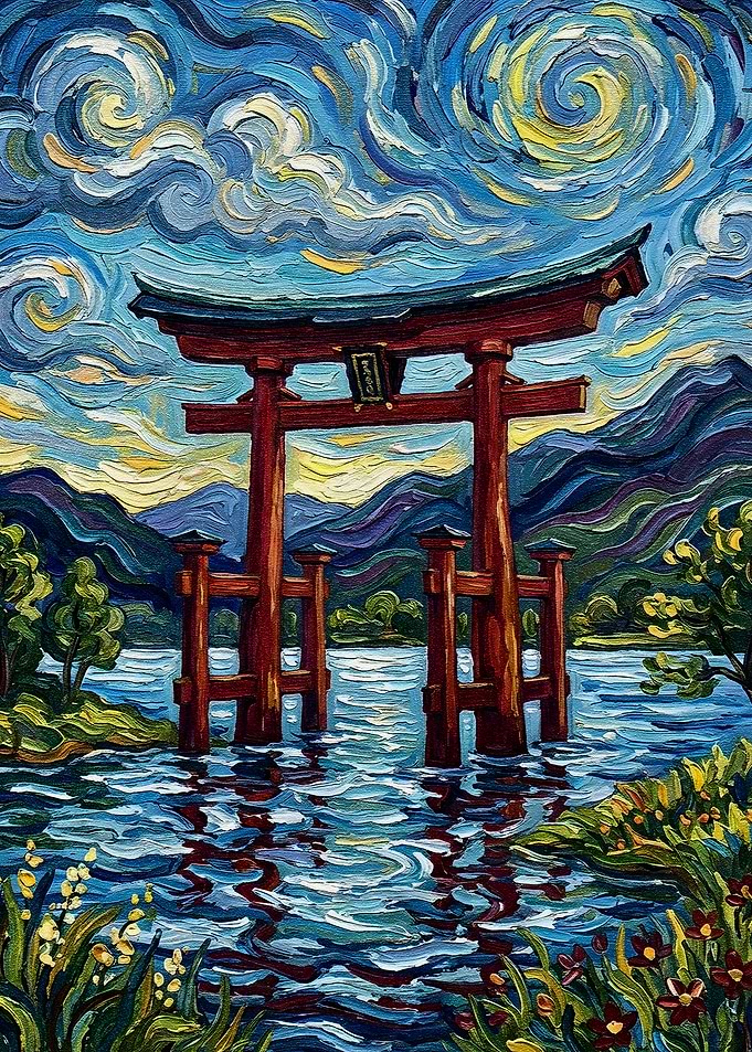 Torii Gate in Water with Starry Sky