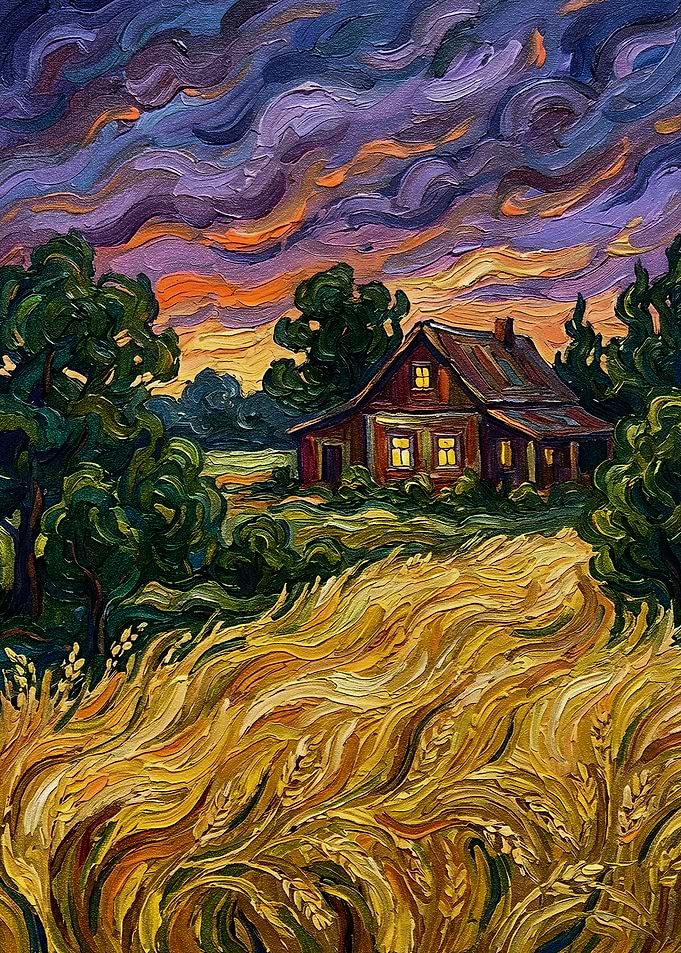 Impressionist Painting of a Rural Sunset