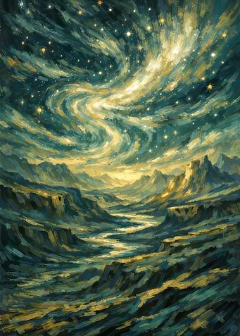 Cosmic Swirl Over Alien Landscape