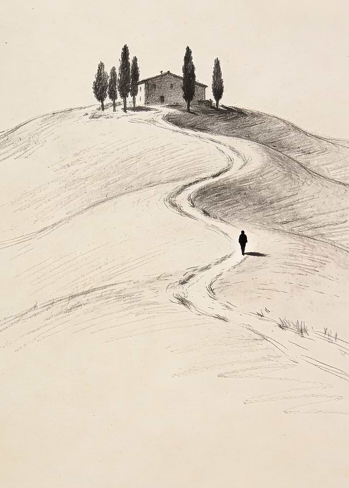 Lone figure on a winding path to a Tuscan villa