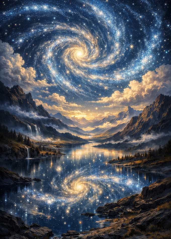 Cosmic Galaxy Reflection in Mountain Lake