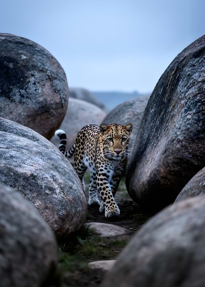 Leopard walking through rocks