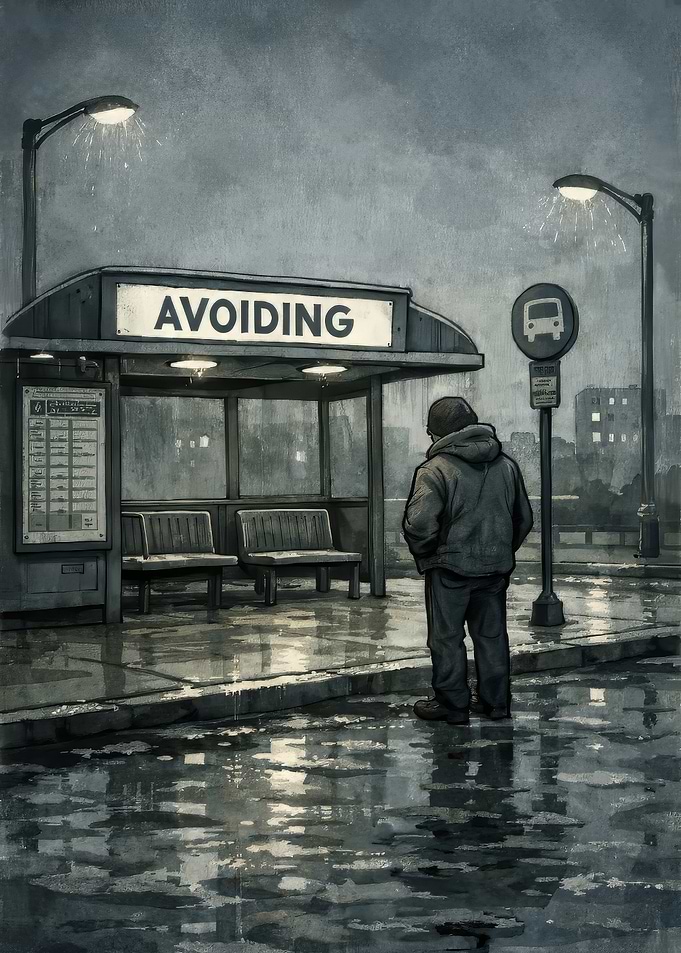 Man at Rainy Bus Stop