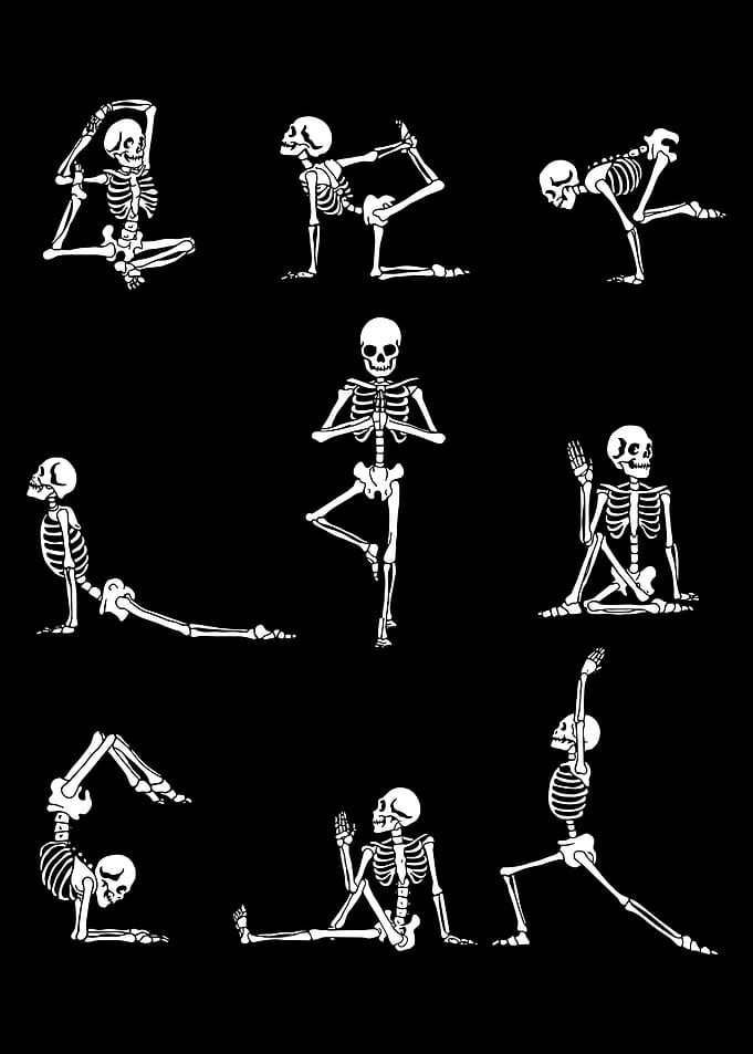 Skeleton Yoga Poster, Funny Yoga Poses Wall Art, Dark Humor Fitness Illustration Print