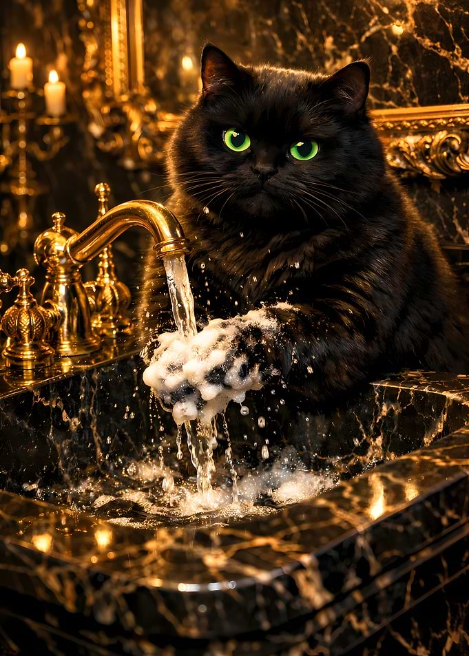 Cute Black Cat Washing Paws in Gold Marble Sink