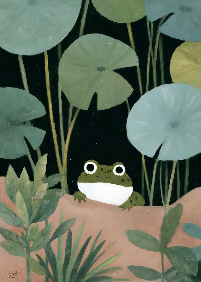Cute Frog Peeking from Lily Pads
