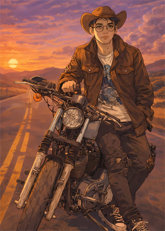 Young man on a motorcycle at sunset