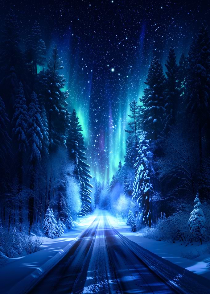 Winter Road Under Aurora Borealis