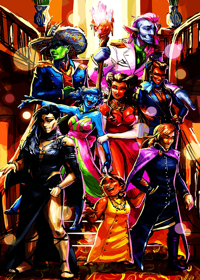 Diverse Group of Fantasy Characters on Stairs