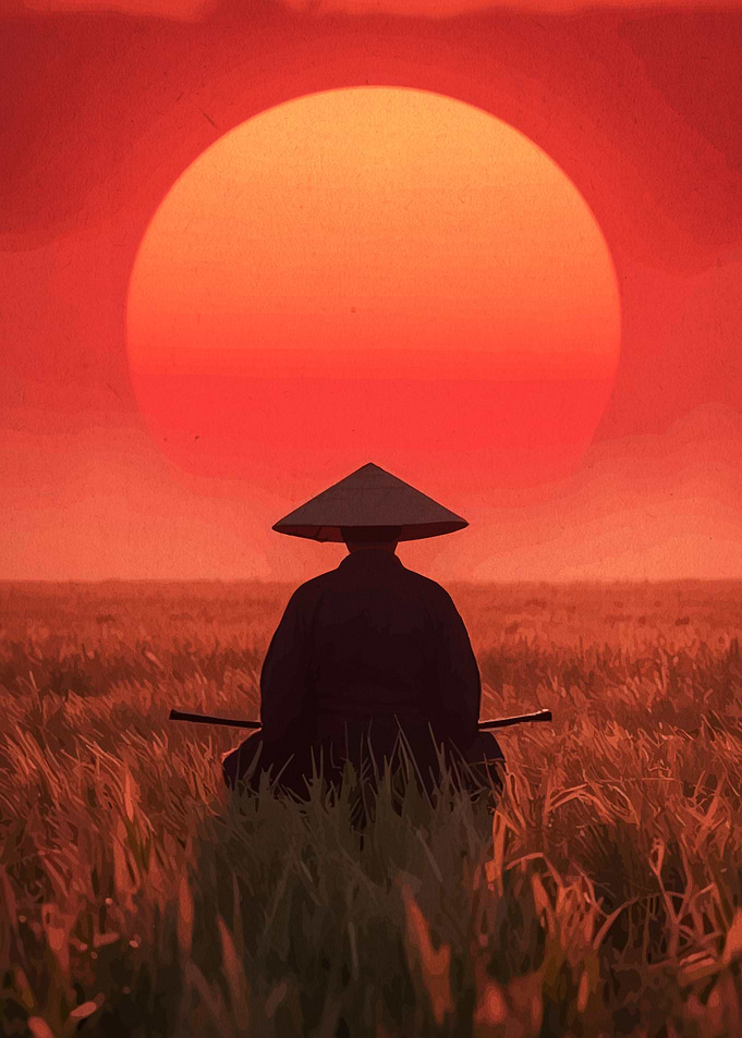 Samurai in a field at sunset