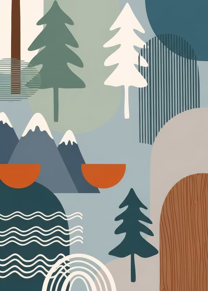 Abstract Winter Landscape with Trees and Mountains