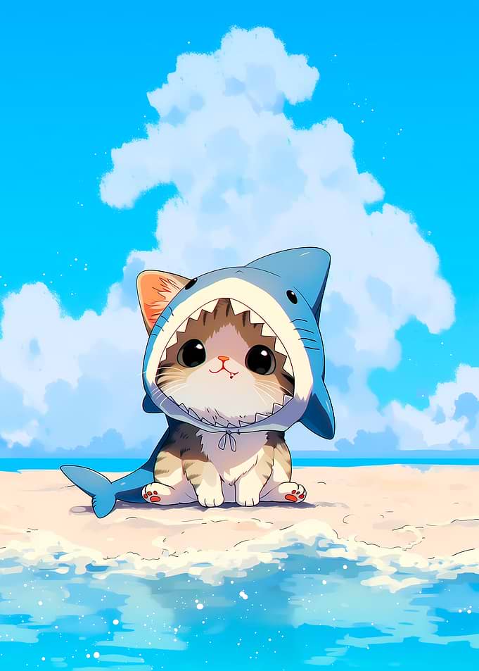 Cute Kitten in Shark Costume on Beach