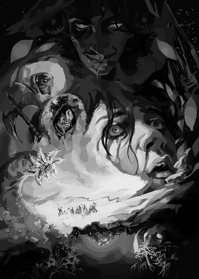 Dark Fantasy Scene with Figures and Creatures