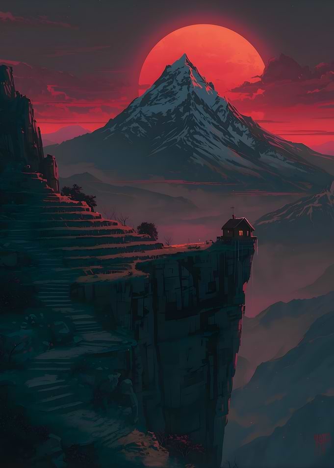 Mystical Mountain Cabin at Sunset