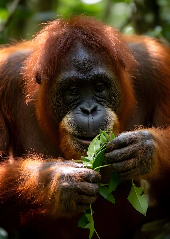 Orangutan eating leaves in forest
