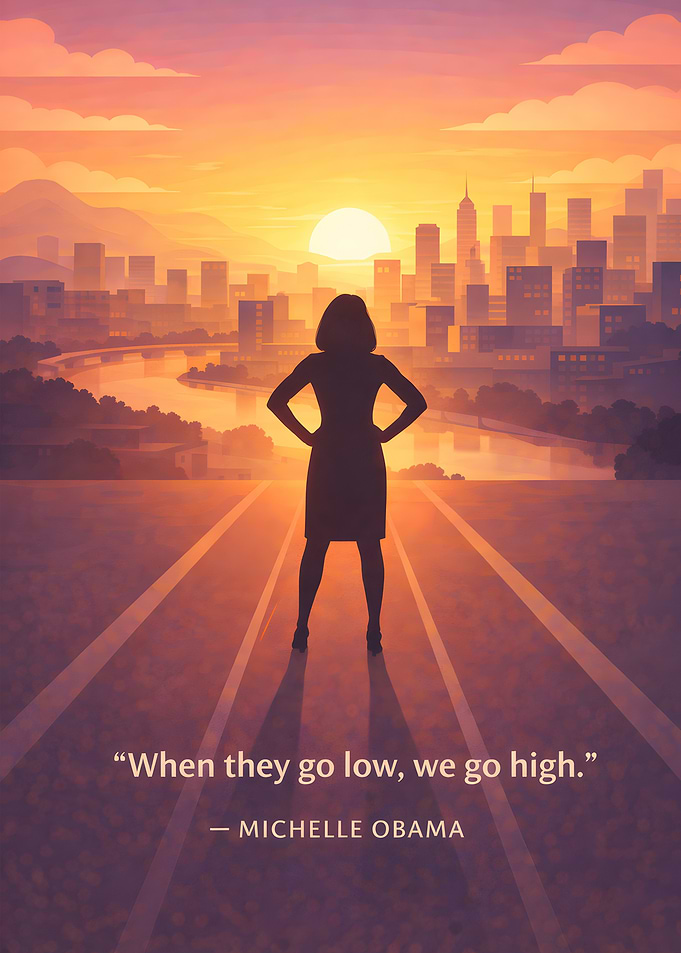 Woman silhouetted against city sunset