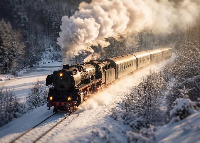 Steam Train in Snowy Forest