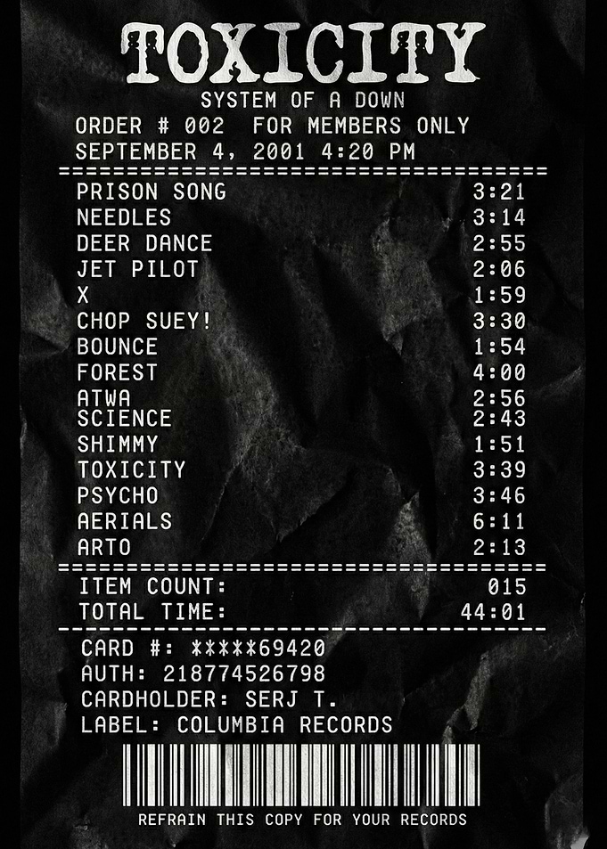 System of a Down Toxicity Album Receipt