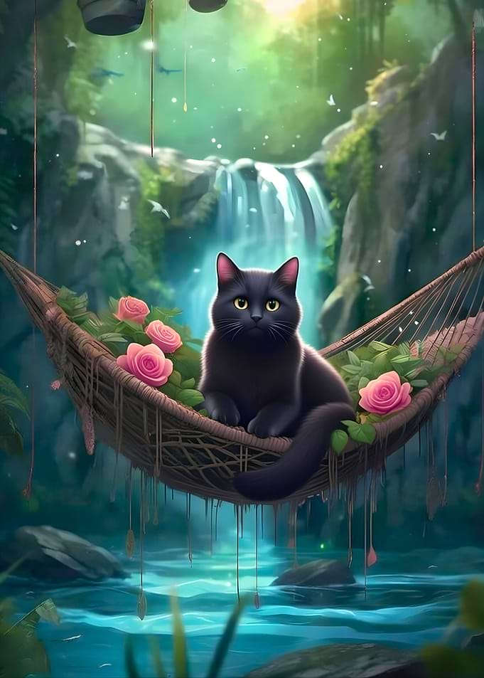 Black Cat in Hammock by Waterfall
