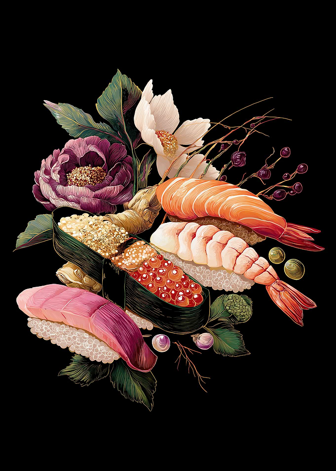 Elegant Sushi and Floral Arrangement
