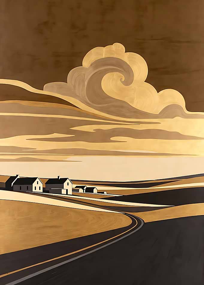 Stylized Landscape with Houses and Clouds