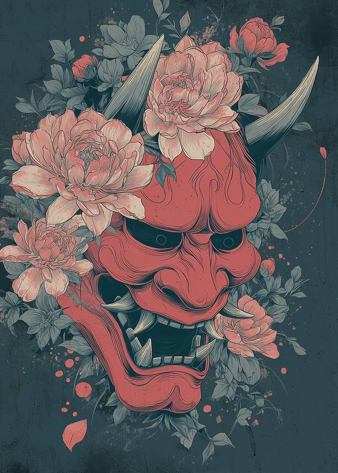 Japanese Oni Mask with Flowers