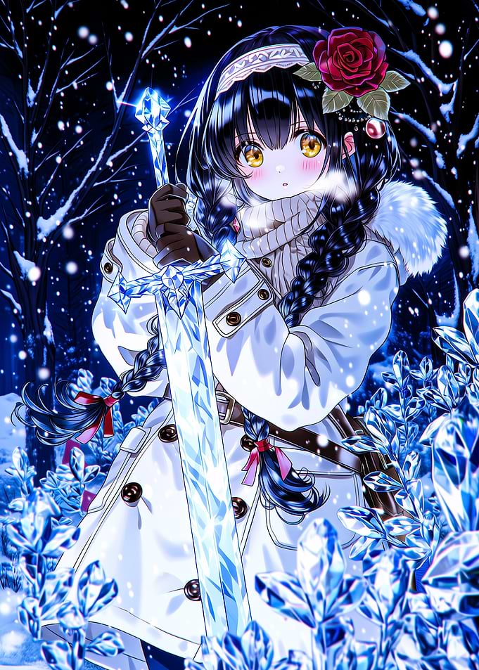 Anime Girl with Ice Sword in Snow