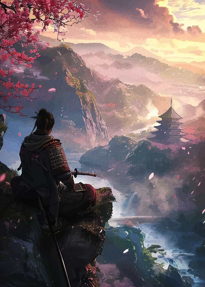 Samurai overlooking a Japanese landscape