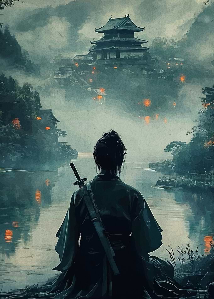 Samurai overlooking a misty village