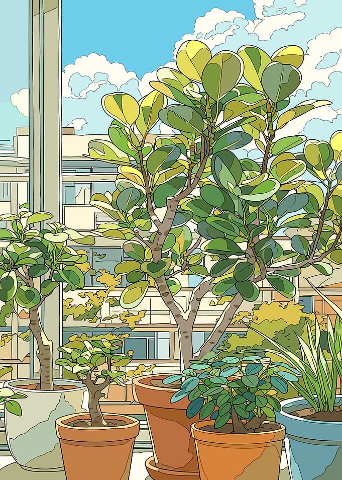 Potted plants on a balcony with city view