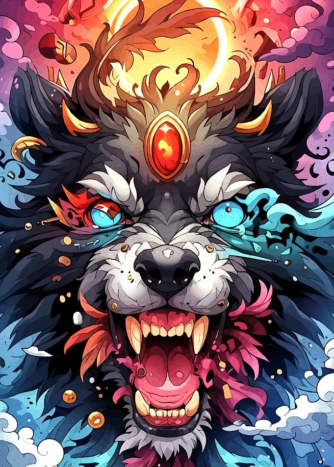Fierce Wolf King with Fiery Crown