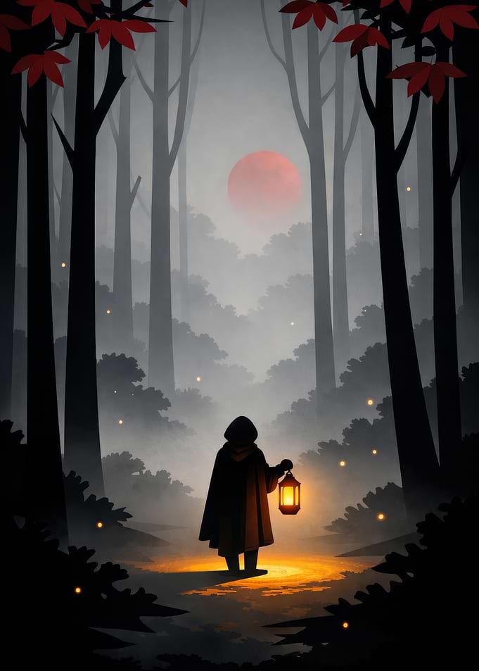 Mysterious Figure in a Foggy Forest