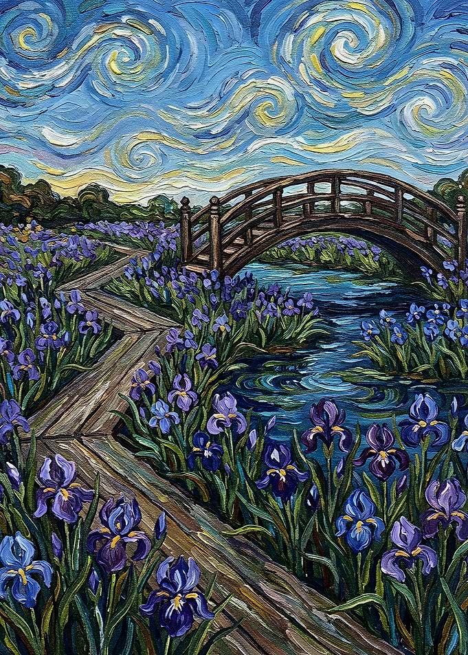 Bridge over Irises in Starry Sky