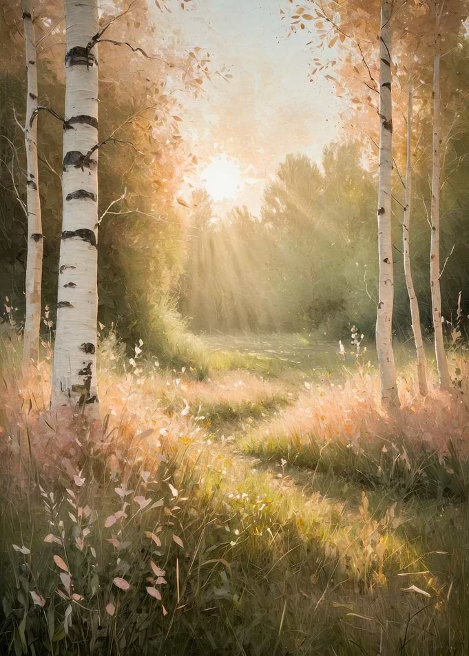 Sunlit Birch Grove — Morning Meadow Digital Painting