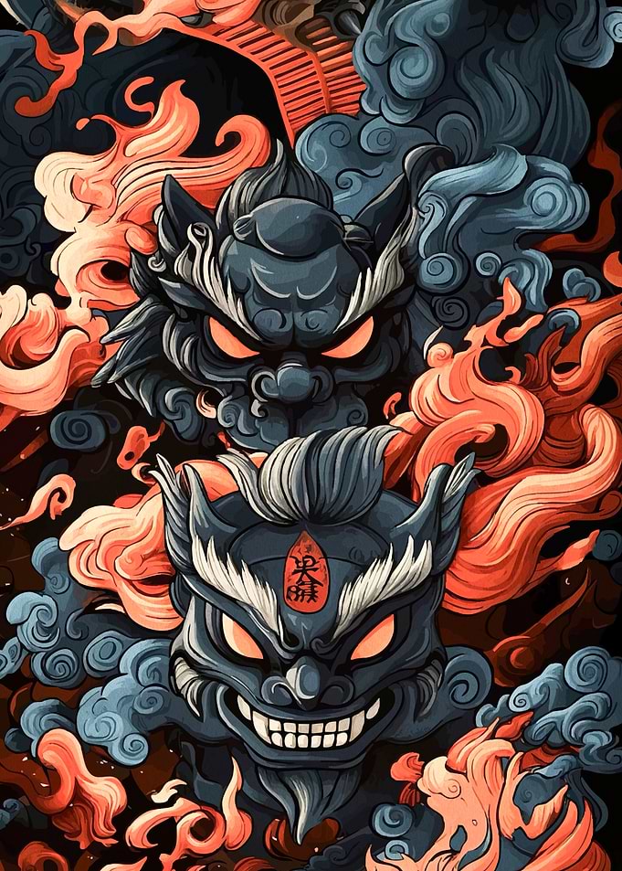 Demonic Masks with Fiery Aura