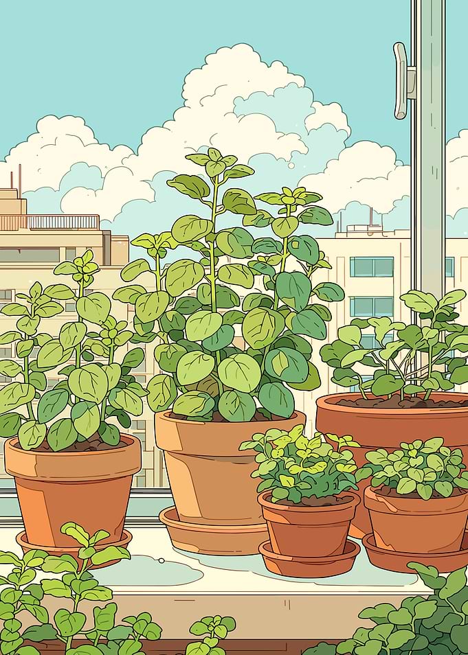 Potted plants on a windowsill with city view