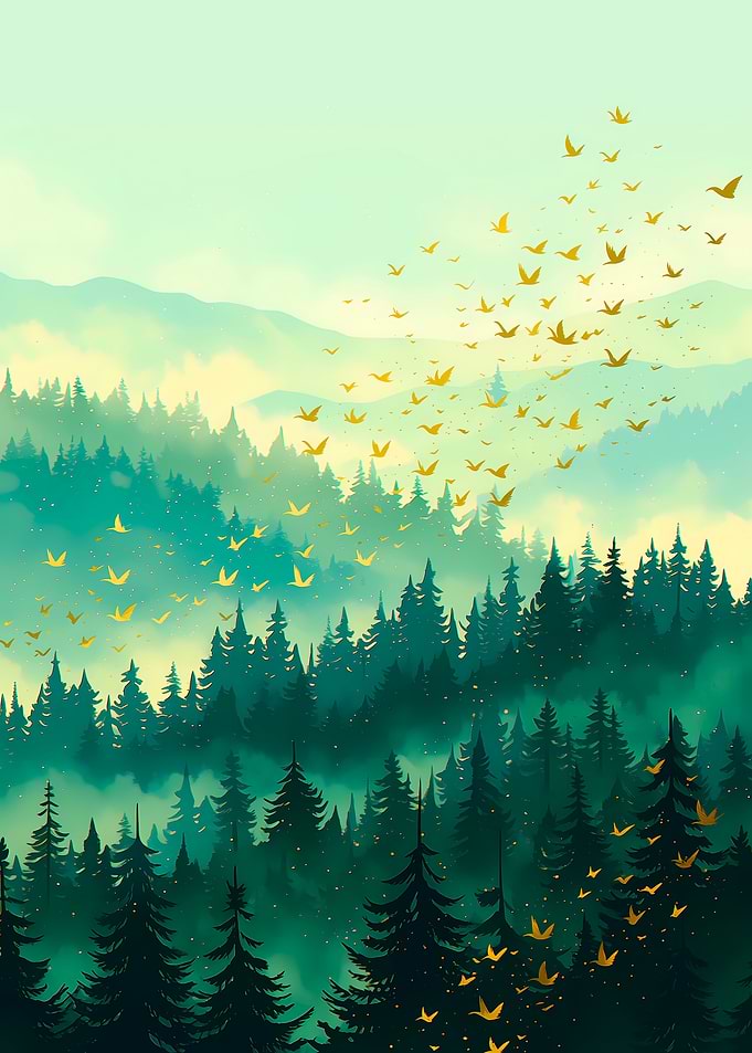 Golden Birds Over Misty Forest