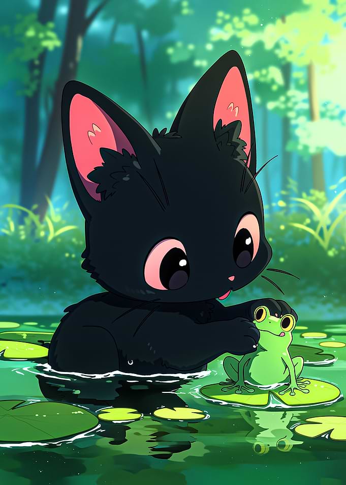 Cute Black Cat and Frog in Pond